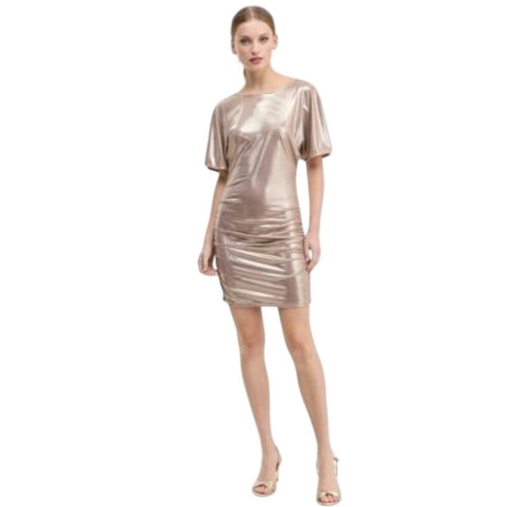HUGO BOSS Orange Women's Lame Ruched Mini Dress in Gold